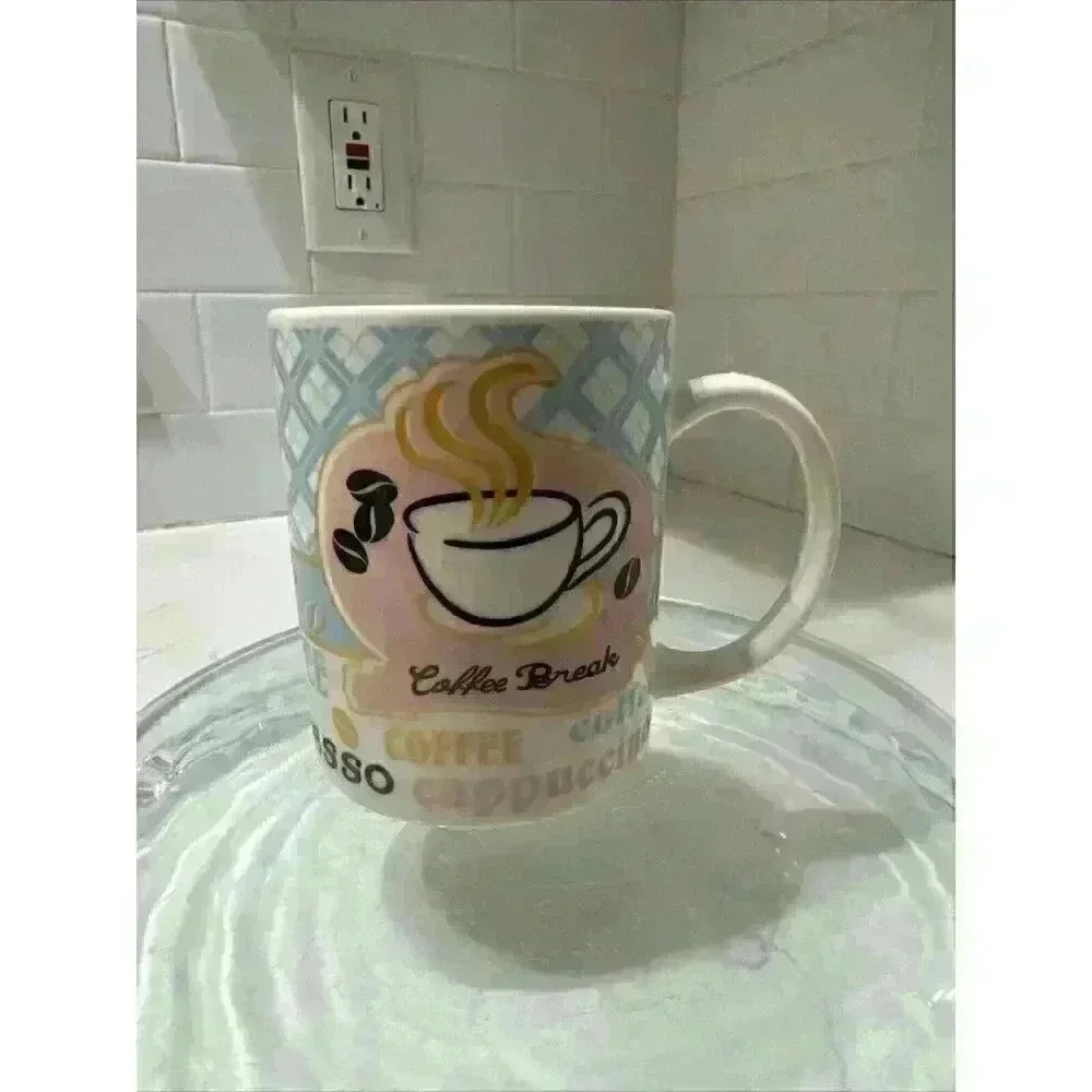 Coffee Break Themed mug cappuccino Espresso Pink Blue Beans